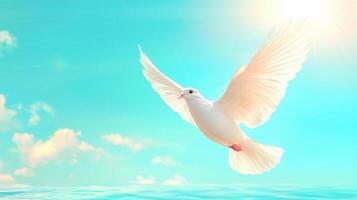 Beautiful white dove soaring gracefully against a soft blue sky, spirituality peace, hope, and embodying photo