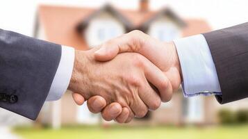 Two businessmen shaking hands after closing a real estate deal, celebrating successful partnership in new of a front house photo