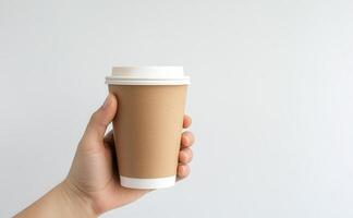 Hand plastic disposable white paper coffee cup with minimalist lid, gripping composition emphasizing simple beverage container design photo