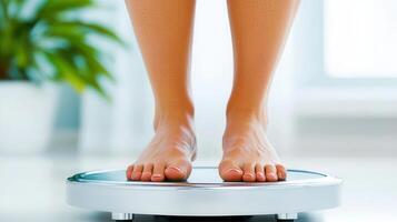Female feet positioned on electronic scales for monitoring weight on and a white background, emphasizing health clean wellness photo
