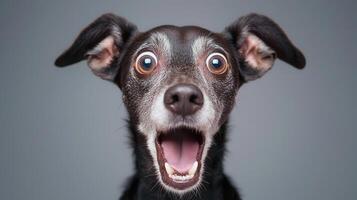 Studio shot of surprised a black dog against a gray background, mouth wide open, showing tongue and big eyes photo