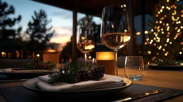 Luxurious new year crystal tablescape eve black dinnerware, golden pinecones, sparkling string lights, and with glassware preparing celebratory atmosphere photo