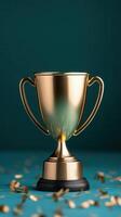 Shiny gold trophy with confetti on a gray celebrating background, achievement and success in competition photo