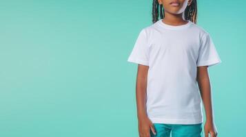 African american child presenting a blank white vibrant t ideal for showcasing your designs or logos on a shirt, turquoise backdrop photo