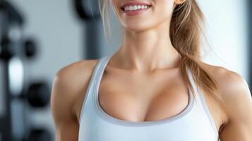 Close up woman's a sporty the chest wearing a gray sports bra in of gym, showcasing fitness motivation photo