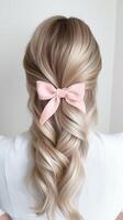 Blonde woman from behind displaying intricate braided hairstyle with soft pink bow, highlighting elegant styling for formal events photo