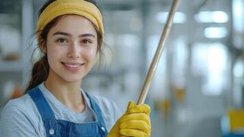Woman cleaning kitchen, wearing bright yellow cheerful and maintaining smile, gloves sparkling home environment photo