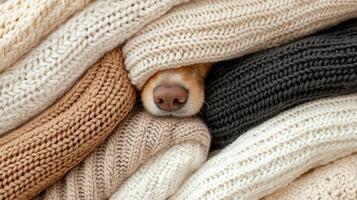 out Playful nestling between soft, multicolored knitted sweaters, enjoying warm winter hideaway with soulful eyes peeking puppy photo