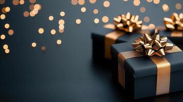 Luxurious black with boxes adorned confetti golden ribbons, scattered gift highlighting elegant celebration preparations photo