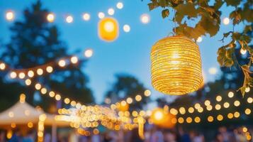 Glowing paper lanterns illuminate festive outdoor scene at dusk, creating a warm and inviting atmosphere photo
