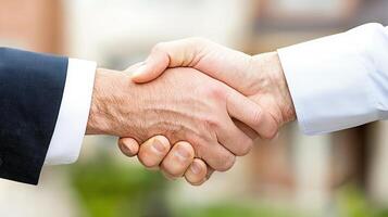 Two businessmen shaking new after closing a real estate deal, celebrating successful partnership in front of a hands house photo