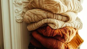Close up of and stack of colorful knitted a evoking warmth, comfort, sweaters, handmade craftsmanship photo