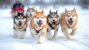 Powerful husky sled dogs sprinting across snow covered terrain, pulling harness racing demonstrating teamwork during winter and expedition photo