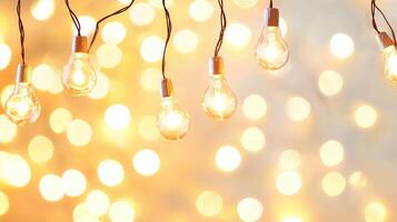 amid light bulbs suspended on wire, radiating soft amber warmth Glowing blurred golden background, evoking intimate festive ambiance photo