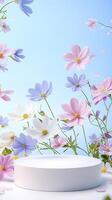 Soft white podium adorned with vibrant blooms, evoking petals cascading against pastel blue, delicate ethereal romance photo