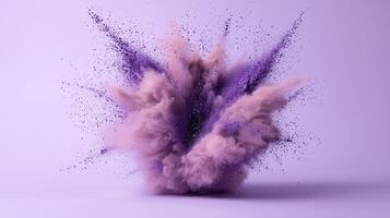 Colorful powder bursting in pink and purple, creating soft swirling patterns against dynamic pastel backdrop photo