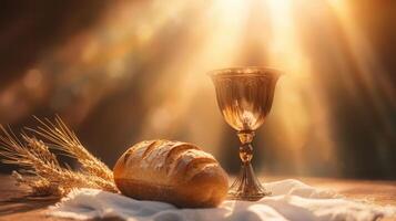 Golden chalice, freshly loaf cloth, of bread, and wheat stalks resting on white baked symbolizing the holy communion or eucharist photo