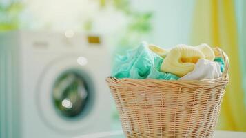 Wicker overflowing basket a with colorful clothes in a modern laundry room with laundry washing machine and daffodils photo