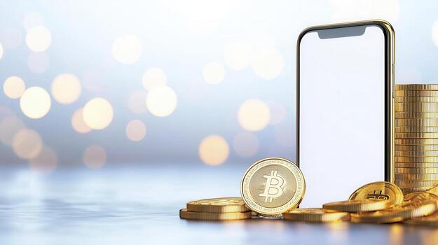 Gold coins surrounding a with fintech blank white screen, representing online banking, mobile payment and smartphone photo