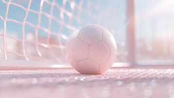 Soccer ball resting on dew covered grass, backlit by golden sunset near soccer goal's net photo