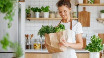 Smiling woman wearing apron holding a paper bag full of fresh green vegetables, promoting healthy eating and sustainable lifestyle photo