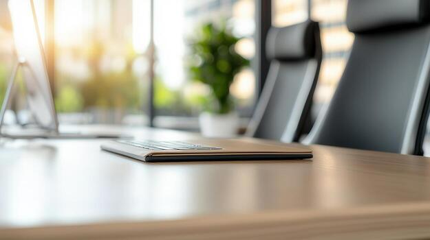 Contemporary workspace featuring computer, keyboard, plant, and chair, ideal showcasing productivity or technology in a modern office environment photo