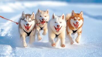 Powerful husky sled dogs sprinting across snow covered terrain, pulling harness and demonstrating teamwork during winter racing expedition photo