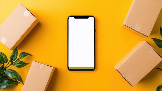 Green smartphone with blank white screen lying on yellow background surrounded by cardboard perfect boxes, delivery for showcasing mobile app or website photo