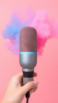 Hand holding a professional bombs surrounded by colorful smoke microphone on a pink background, representing podcasting and content creation photo