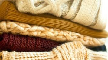 Close up of a stack of colorful knitted sweaters, evoking warmth, comfort, and handmade craftsmanship photo