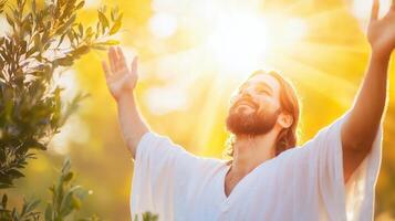 Jesus christ, inspiring open arms, embraces a divine light, with hope and faith among his followers photo