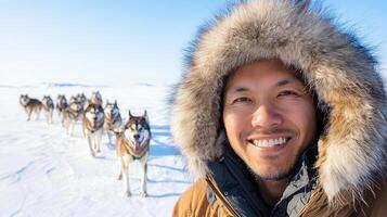 Inuit man wearing dogs clothing smiles while his husky sled arctic pull him across a snowy traditional landscape photo