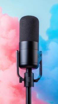 Hand creation a professional microphone surrounded holding colorful smoke bombs on a pink background, representing podcasting and content by photo