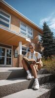 African American girl sitting on steps reading a book outside school building with sunny sky photo