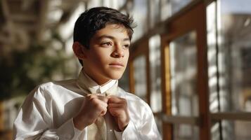 Young boy adjusting his tie in a bright school hallway, preparing for a special event photo