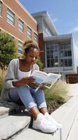 Young African American woman reading book outdoors on school steps with modern architecture backdrop photo