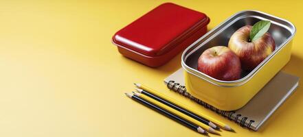 Lunchbox with red lid containing apples beside pencils and notebook on a bright yellow background photo
