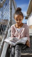 Young girl reading a book outdoors on a sunny day, enjoying her time in a school environment photo