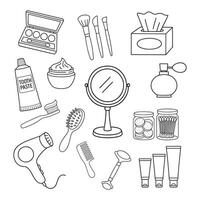 Outline icons of beauty and hygiene items, brush and cream, mirror, combs, dryer, soap, tools set vector