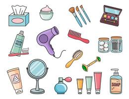 Color doodle icons of beauty and hygiene items, makeup and mirror, combs, cream, brush, soap, tools vector