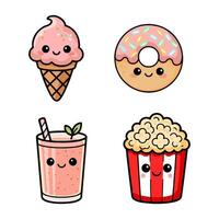 Cute cartoon icons of sweets and snacks, donut, ice cream and smoothie and popcorn with faces vector