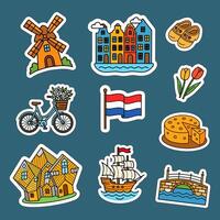 Cartoon icons of Dutch culture, windmill, cheese and tulips, boat, bike, flag and more, style vector