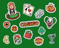 Color cartoon icons of casino theme, cards and chips, dice, dealer and clown, money, VIP, wow text vector