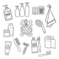 Line icons of bathroom items, hygiene, shower and care essentials, black outline on white background vector