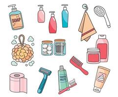 Color icons of bathroom, shower and hygiene items, personal care tools, doodle cartoon style set vector