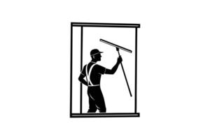 Window Washer Cleaning Glass with Squeegee Professional Service Cleanliness and Maintenance Black and White Graphic Silhouette vector