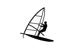 Windsurfer Gliding on Water A Dynamic Black Silhouette Against White Background Capturing the Essence of Summer Sports and Water Activities silhouette vector