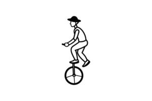 Unicyclist with Hat Riding on One Wheel Balancing Act in Black and White Circus Performer Silhouette person hat rides unicycle depicted simple vector