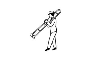 Elegant Trombone Player in Suit and Hat Performing a Tune in Black and White Silhouette musician plays the trombone The image vector