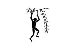 Stylized Black Silhouette of a Person Swinging from a Branch with Leaves Against a White Background Cartoon Style Illustration silhouette simple vector
